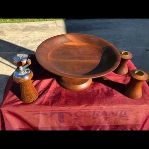 Walnut bowl -candle sticks - salt and pepper